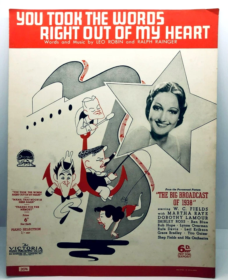 YOU TOOK THE WORDS RIGHT OUT OF MY HEART - Dorothy Lamour - 1937 UK Sheet Music - Image 1 of 1