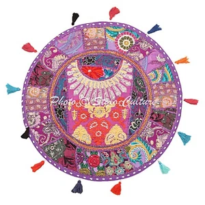 18 in Round Ottoman Bohemian Purple Floor Cushion Vintage Patchwork Floor Pillow - Picture 1 of 6