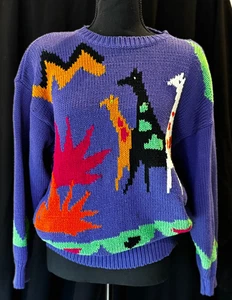 Vintage 90er Grafik Giraffe Pullover Damen mittel lila Strickpullover Puffärmel - Bild 1 von 19