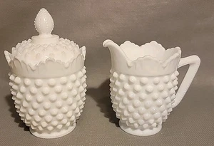 Vintage Fenton Milk Glass Hobnail Scallop Edged Creamer & Lidded Sugar Bowl Set - Picture 1 of 10