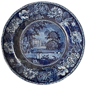 Antique Blue Staffordshire Transferware Plate R. Hall's Llanarth Court Scenery - Picture 1 of 15