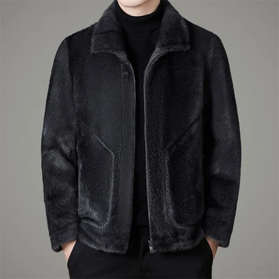 Mens Mink Fur Coat Winter Thick Mink Fur Lapel Collar Zip Warm Business Jackets - Image 1 of 4