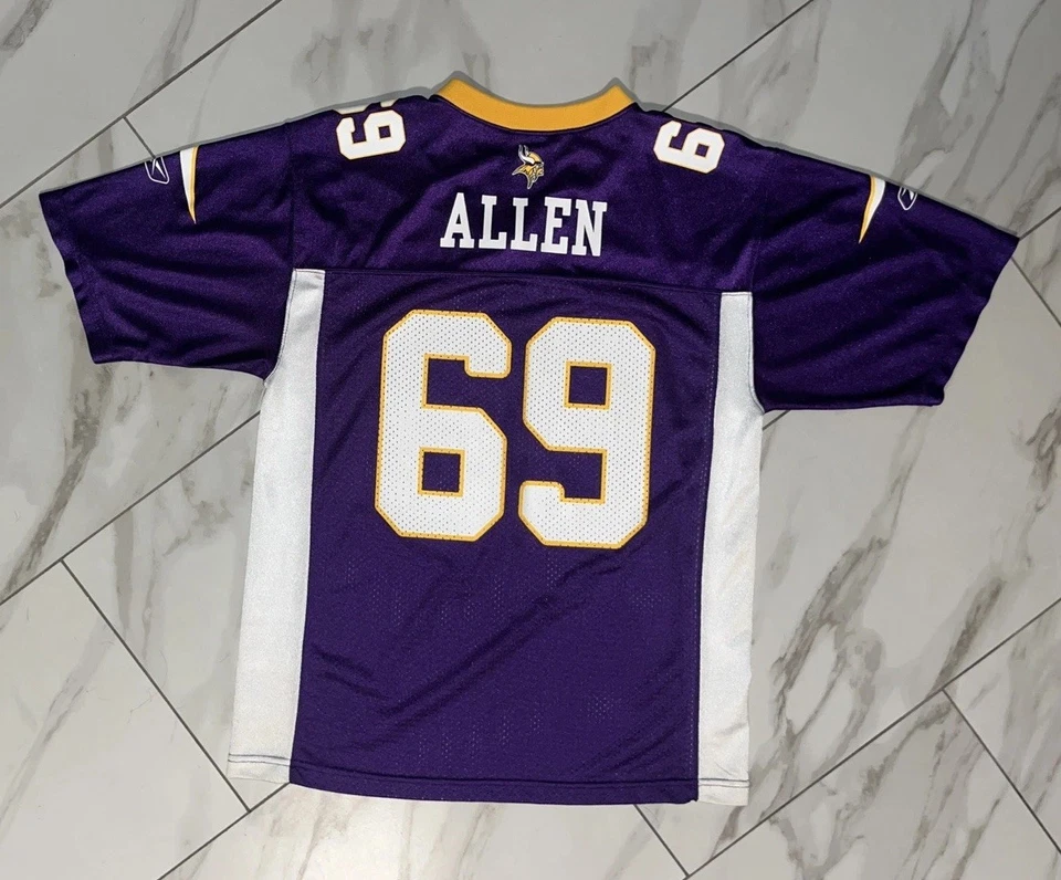 Camiseta Vintage Minnesota Vikings Jared Allen #69 Reebok NFL Youth L Roxa Excelente Estado Usado - Imagem 1 de 4