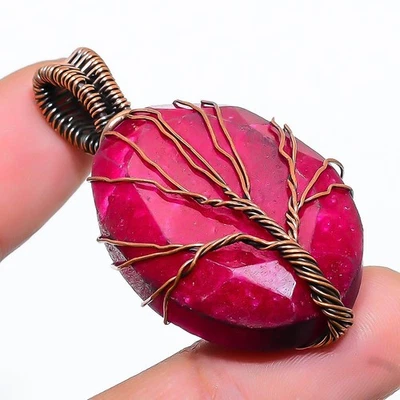 Ruby Simulated Gemstone Handmade Copper Wire Wrap Jewelry Pendant 2.01" - Image 1 of 4