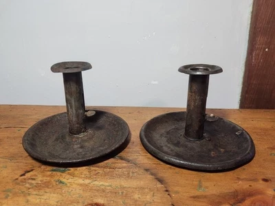 Antique 19thC. Primitive Tin Chamber Stick Push-Up Candle Holder Pair of 2 - Image 1 of 4