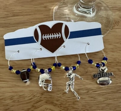 Football Wine Charms, Deluxe Football Wine Charms, Football Fan, Blue Yellow - Image 1 of 4