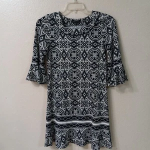 BCBG Max Azria Women Sze XS Dress Black White Tiled Floral Bell Sleeves  4817 - Picture 1 of 10