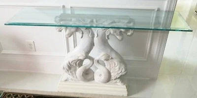  Vintage Hollywood Regency Chinoiserie Asian Dragons Statue Glass Console Table - Image 1 of 4