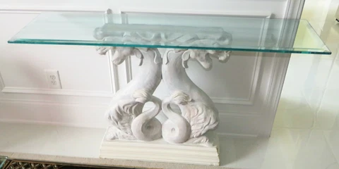 Vintage Hollywood Regency Chinoiserie Asian Dragons Statue Glass Console Table Cover