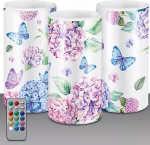 Flammenlose LED Kerzen mit Fernbedienung - Hortensie Blumendekor (3 Stück) - Bild 1 von 12