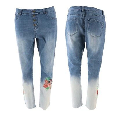 DG2 Diane Gilman Embroidered Pull On Jeans Button Fly Ombre Midtone Blue 700-270 - Image 1 of 4