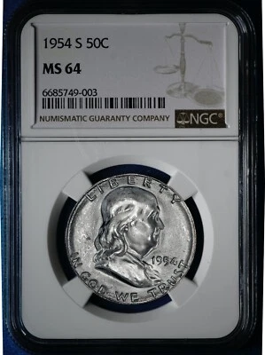 1954-S Franklin Half Dollar Silver UNC, NGC MS64, Borderline FBL,  White 003 - Image 1 of 4