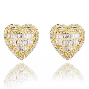 Women's Cute 14K Yellow Gold Sterling Silver Cz Baguette Heart Stud Earrings - Picture 1 of 7