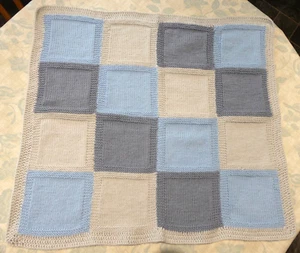 Hand Knitted Blue & Grey Baby Blanket crochet border New Baby Boy Gift 24" x 24" - Picture 1 of 4