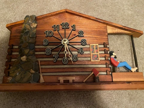 Handmade Wood Hillbilly Cabin Clock Used Works & Adorable Cover