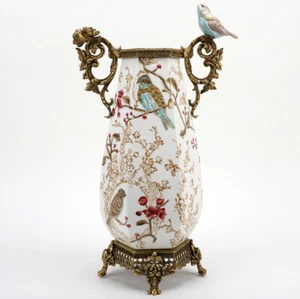PORCELAIN ROBIN MORNING VASE ORNATE BRONZE ORMOLU w bird spring blossom - Picture 1 of 10