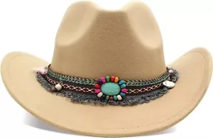 Beige Western Cowboy, Cowgirl Hat, Bead Tassle Strap, Men Women Retro Wide Brim - Picture 1 of 6