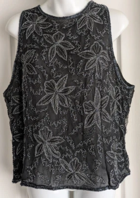 Винтажный Laurence Kazar черный шелк бисером вечер свадебная подкладка без рукавов Топ 1 X - Изображение 1 из 4