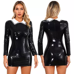 UK Lady Shiny Leather Long Sleeve Bodycon Back Zipper Pencil Mini Dress Clubwear - Picture 1 of 29