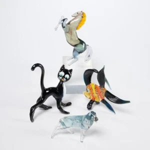 Murano Art Glass Small Animal Figurines 4pc Group Lot Fish Horse Black Cat Dog - Picture 1 of 6