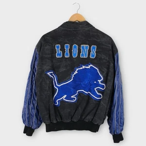 Rare Vintage Detroit Lions Varsity Jacket Black Blue Suede Leather JH Design L - Bild 1 von 8