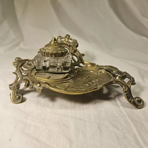 Vintage Jugendstil Messing Tintenfass verzierter Glaseinsatz Stiftablage Frankreich gemarkt - Bild 1 von 10