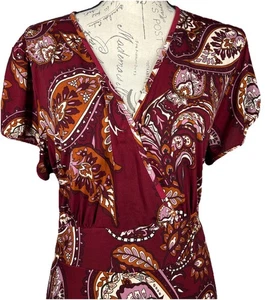 Maxi abito rosso paisley finto avvolgente taglia 1x arancione marrone autunno manica corta elasticizzato - Foto 1 di 13