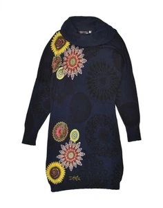 DESIGUAL Womens Roll Neck Jumper Dress UK 8 Small Navy Blue Floral Viscose BC39 - Picture 1 of 3