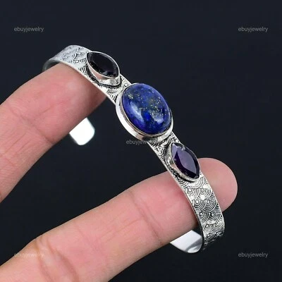 Anniversary Gift For Her Natural Lapis Lazuli Bangle Adjustable 925 Silver - Image 1 of 4