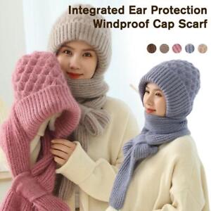 Integrated Ear Protection Windproof Cap Scarf Knitting Thickening Hat Winter h `