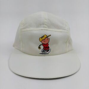 Vintage Charlie Brown Peanuts Snoopy Hat Golf Cap Stretch 5 Panel White USA Made