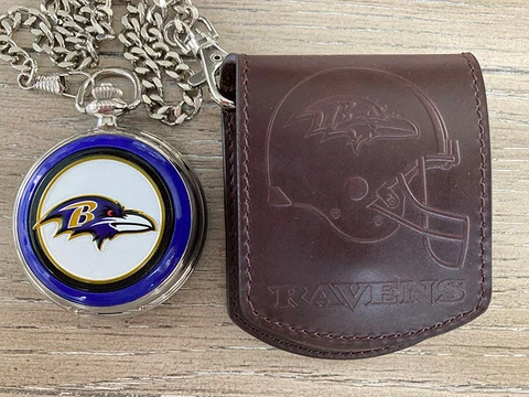 Danbury Mint NFL Baltimore Ravens Pocket Watch w/ Chain & Leather Belt Pouch Cover