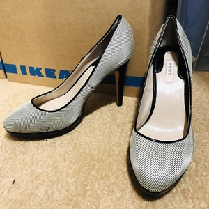 REISS Silk High Heels 7/40 Stiletto Herringbone Black White Formal Business - Picture 1 of 4
