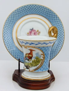 Isco Tasse & Untertasse mit Fuß Set - blaues Gitter, Rose, Vogellandschaft, Goldrand - Bild 1 von 12