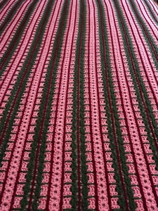 Vintage Afghan Crocheted Blanket Green Pink Red Striped 84" by 64" - Picture 1 of 12