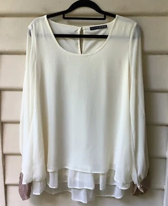 Atmosphere Cream Blouse Top Bow Sleeves 12 M Fold Buttons Flowy 2 Layer As New - Picture 1 of 9