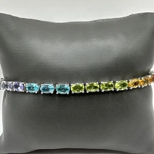 Rainbow Multi-Gem Sterling Silver Tennis Bracelet 8in (12g) - Picture 1 of 9