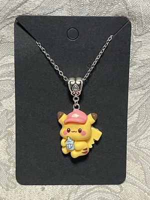 Japanese Anime Pikachu Cartoon Video Game Silver Dangle Charm Adorable Necklace - Image 1 of 2