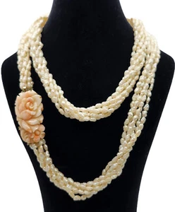 Vintage Carved Coral Rose 6 Strand White Cultured Freshwater Pearl Necklace - Picture 1 of 12