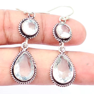White Topaz Gemstone Handmade Dangle Erring's 925 Sterling Silver Wedding Earri - Image 1 of 3