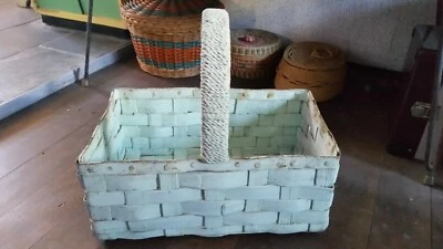 Vintage  pale green woven cane or wood with metal rim & seagrass handle basket - Image 1 of 4