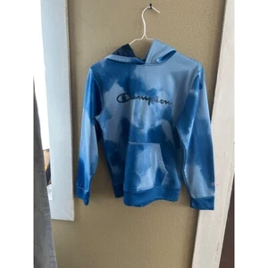 Champion Hoodie Pullover Cloud Dye Graphic Logo Sweatshirt Blue Size 14/16 - Picture 1 of 1