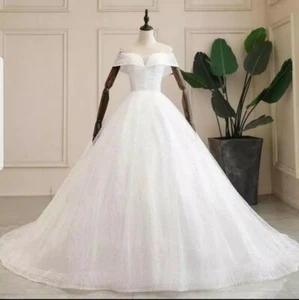 White/Ivory Sequins Tulle Plus Size A Line Off shoulder Wedding Dress Size 6-20 - Foto 1 di 6