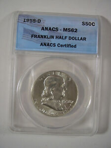 FRANKLIN HALF DOLLAR 1958-D Encased Collectible Coin ANACS-MS62 Certified