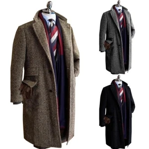 Herringbone Men Overcoats Tweed Single Breasted Long Outwear Coats Notch Lapel - Picture 1 of 33