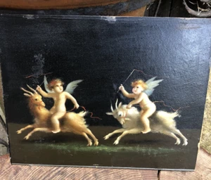 Antique Victorian Italian school Putti goats oil painting board Michelangelo - Picture 1 of 9