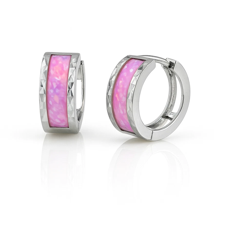 Pendientes tipo argolla Huggie rosa claro ópalo oro blanco 14k Foto 1 de 2