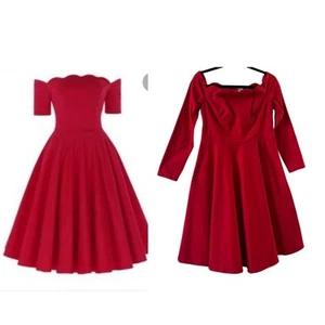 Belle Poque Red Scalloped Retro Swing Long Sleeve Midi Dress Womens XL  - Picture 1 of 17