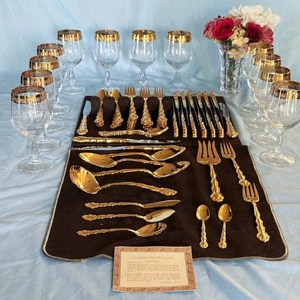Golden Collection Cristaleria Cristaldekor Wine Glasses & Oneida Flatware Set - Picture 1 of 14
