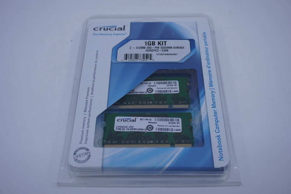 2 Crucial PC2-5300 (DDR2) 1 GB (2x 512 MB) SODIMM Kit PC2-5300 DDR2 Memory - Image 1 of 3